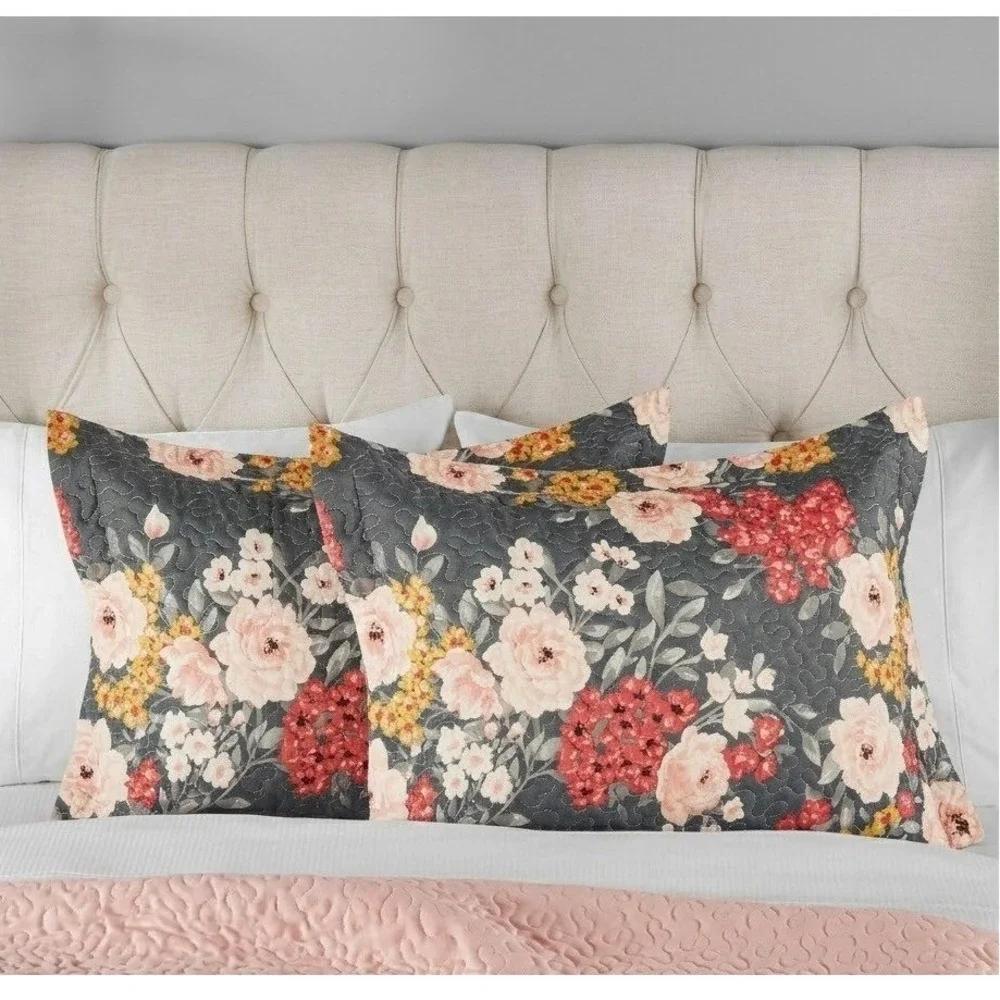 Standard Size Quilted Floral Pillow Shams Set of 2  Envelope Closure